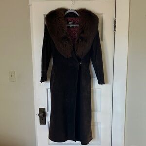 Vintage chocolate brown suede coat with sable fox fur trim
